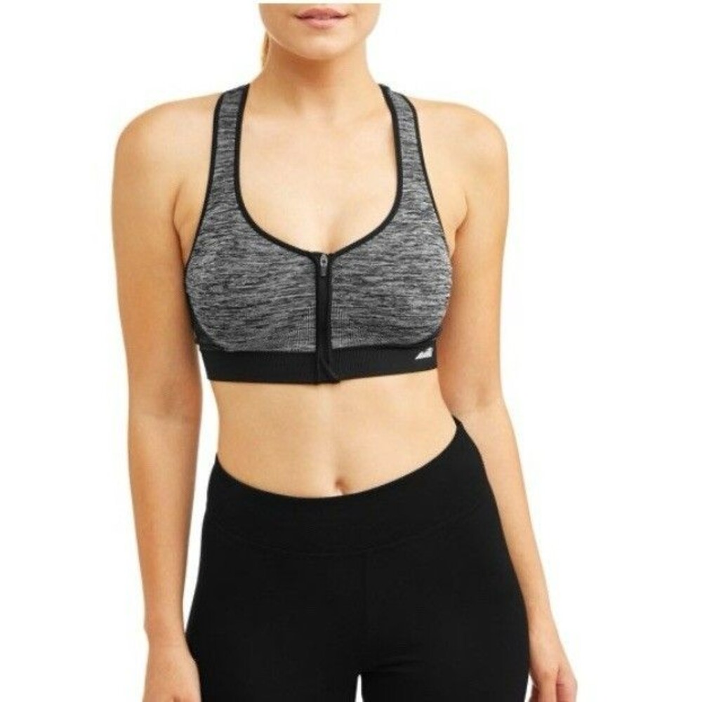 Avia Active Front Zip Sports Bra Gray & Black Padded Stretch Sports Bra